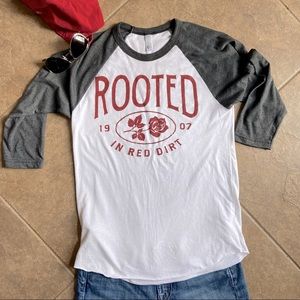 NWOT UNISEX  Rooted in The Red Dirt - American Apparel Baseball Style 3/4 Sleeve